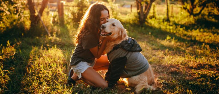 Flicka kramas med hund i solnedgången