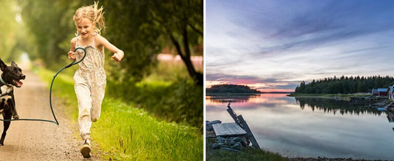 Bild på springande flicka och hund och bild på solnedgång och båthus