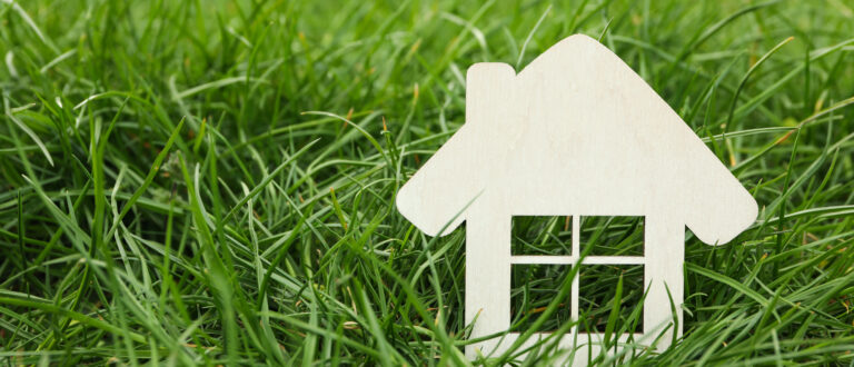 Liten husfigur av trä i gräs