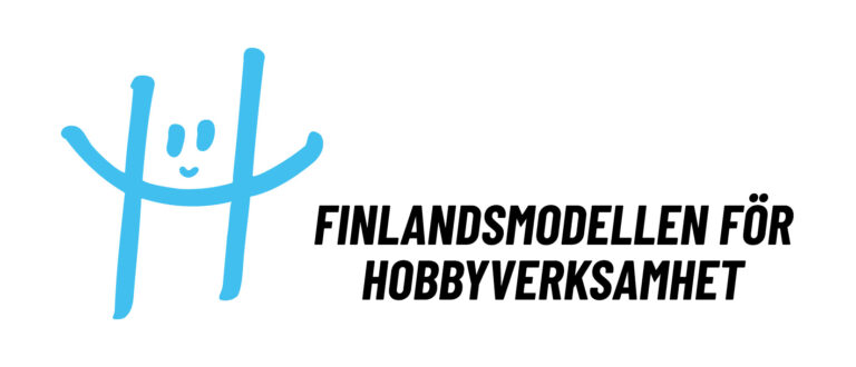 Bild på ett blått H med ögon och texten Finlandsmodellen för hobbyverksamhet