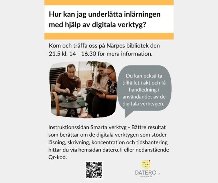 Datero besöker huvudbiblioteket onsdagen den 21.5 kl. 14 - 16.30 och berättar om digitala verktyg som underlättar inlärningen och stöder läsning, skrivning, koncentration och tidshantering. Alla varmt välkomna!

#närpesbibliotek