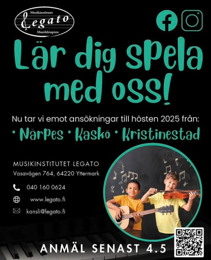 Musikinstitutet Legato tar mot anmälningar inför hösten 2025. 

Musiikkiopisto Legato ottaa vastaan ilmoittautumisia syksylle 2025.